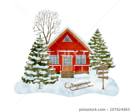 Watercolor winter house landscape. Hand drawn wood cottage in the woods Watercolor winter house landscape. Hand drawn wood cottage in the woods 107824863