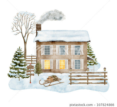 Watercolor winter house illustration. Hand drawn cottage with chimney smoke, snowdrift, wood fence, snowy fir trees Watercolor winter house illustration. Hand drawn cottage with chimney smoke, snowdrift, wood fence, snowy fir trees 107824866