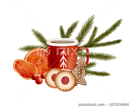 Watercolor Christmas hot drink composition. Hand drawn winter cocoa mug arrangement Watercolor Christmas hot drink composition. Hand drawn winter cocoa mug arrangement 107824868