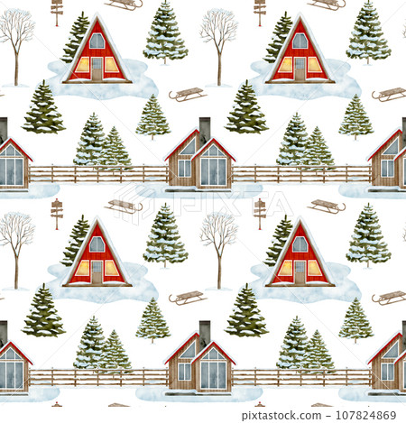 Watercolor winter house seamless pattern. Hand drawn wood cabins with fence and snowy fir trees Watercolor winter house seamless pattern. Hand drawn wood cabins with fence and snowy fir trees 107824869