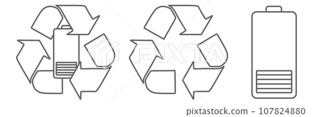 Battery, charging, low, warning and recycling sign. icons set. Line vector Isolated on white background. Earth saving and recycling concept. Linear Vector collection 107824880