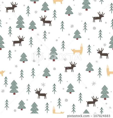 Seamless Forest pattern with cute foxes and deer. Cartoon trees and flowers hand drawn background. Vector illustration 107824883