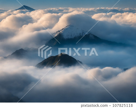 Sea of clouds covering the mountains [AI generated image] 107825118