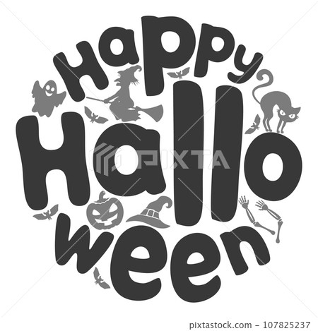 Halloween text with silhouettes of a cat, pumpkin and witch on a white background. Halloween text with silhouettes of a cat, pumpkin and witch on a white background. 107825237