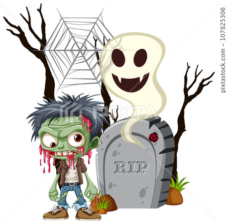 Zombie Cartoon Character: Halloween Theme with Tombstone and Ghost 107825306