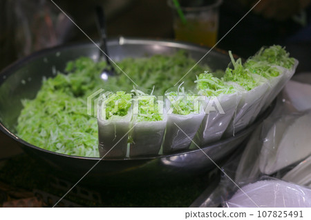 Closeup of Pandan sticky rice with coconut milk on the street food 107825491
