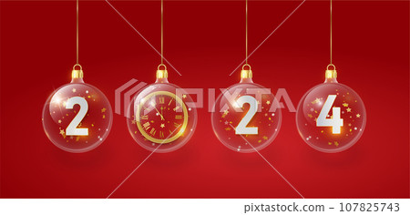 2024 Happy New Year in golden red. 2024 Golden metal number in glass bauble, decoration. Realistic 3d render metallic sign. Xmas Poster, banner, cover card, brochure flyer. Vector 107825743