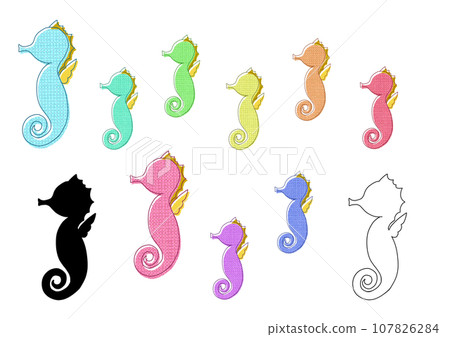 Colorful seahorse silhouette family lined up sideways 107826284
