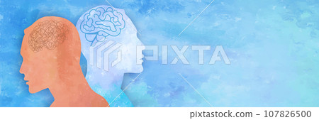 Metaphor bipolar disorder mind mental. Double face with tangle and untangle brain. Split personality. Mood disorder. 2 Head silhouette. Psychology. Mental health. Psychiatry.Watercolor 107826500