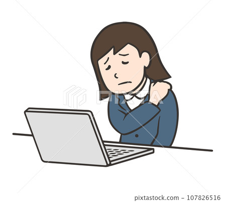 A young office worker who suffers from stiff shoulders at work A young office worker who suffers from stiff shoulders at work 107826516
