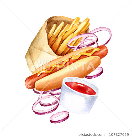 watercolor composition with fast food, hand drawn illustration of slices of onion, hot dog, fried potatoes in craft package, red tomatoes souse isolated on white background 107827059