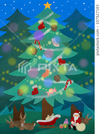 Christmas material Santa Claus and red-nosed reindeer under the tree 107827165