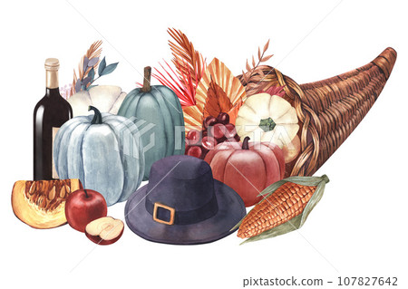 Watercolor cornucopia (horn of plenty) with pumpkin and vegetable. Hand-drawn illustration isolated on white background. Perfect for menu cafe, template food, cooking, packing food, card thanksgiving 107827642