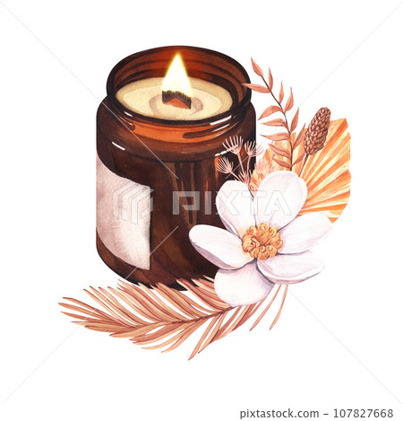 Watercolor candle with autumn boho leaves and flowers. Hand-drawn illustration isolated on white background. Perfect for card or template celebration day, cozy home design. Watercolor candle with autumn boho leaves and flowers. Hand-drawn illustration isolated on white background. Perfect for card or template celebration day, cozy home design. 107827668