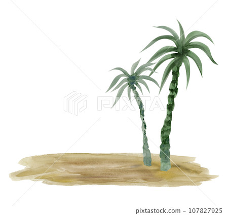 Watercolor palm trees on sand of desert island or beach illustration isolated on white background. Hand drawing summer vacation template 107827925