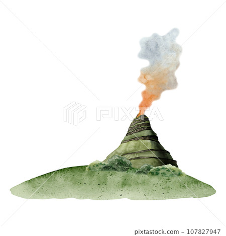 Wild nature landscape with active volcano with smoke, green hill and bushes watercolor Illustration isolated on white background 107827947