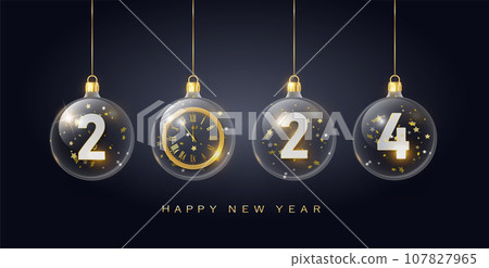 2024 Happy New Year in golden red. 2024 Golden metal number in glass bauble, decoration. Realistic 3d render metallic sign. Xmas Poster, banner, cover card, brochure flyer. Vector 107827965
