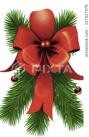 A big red bow on pine tree branches on a white background 107827976