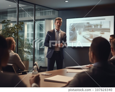 Business presentation, Businessman making a presentation at office. Business executive delivering a presentation to his colleagues during meeting. AI Generative. 107828340