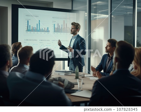 Business presentation, Businessman making a presentation at office. Business executive delivering a presentation to his colleagues during meeting. AI Generative. 107828345