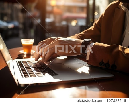 closeup with hand of businessman using laptop, with out door cafe, chilling, technology concept. AI Generative. 107828346