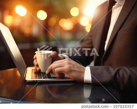 closeup with hand of businessman using laptop, with out door cafe, chilling, technology concept. AI Generative. 107828357