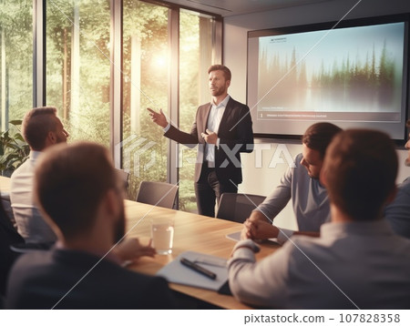 Business presentation, Businessman making a presentation at office. Business executive delivering a presentation to his colleagues during meeting. AI Generative. 107828358