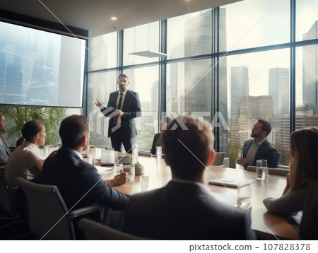Business presentation, Businessman making a presentation at office. Business executive delivering a presentation to his colleagues during meeting. AI Generative. 107828378