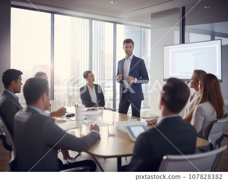 Business presentation, Businessman making a presentation at office. Business executive delivering a presentation to his colleagues during meeting. AI Generative. 107828382