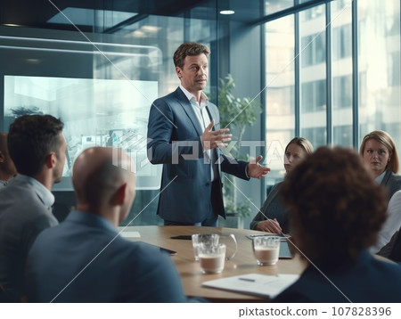 Business presentation, Businessman making a presentation at office. Business executive delivering a presentation to his colleagues during meeting. AI Generative. 107828396