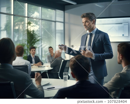 Business presentation, Businessman making a presentation at office. Business executive delivering a presentation to his colleagues during meeting. AI Generative. Business presentation, Businessman making a presentation at office. Business executive delivering a presentation to his colleagues during meeting. AI Generative. 107828404