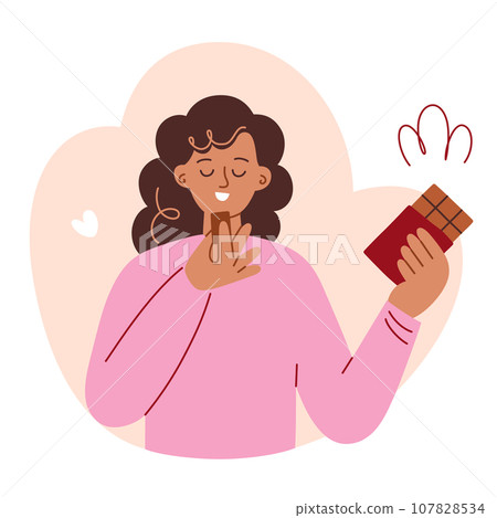 Woman eating chocolate, holding chocolate bar, sweet food icon, vector doodle illustration of happy girl with Christmas gift, delicious candy, isolated colored clipart on white background 107828534