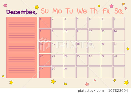 Calendar 2024 December. Retro winter planner in 70s, 80s hippie style. Vector Calendar 2024 December. Retro winter planner in 70s, 80s hippie style. Vector 107828694