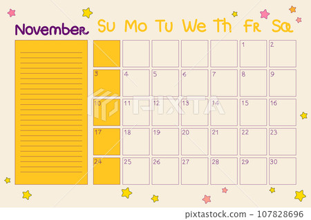 Calendar 2024 November. Retro planner design in 70s, 80s hippie style. Vector 107828696