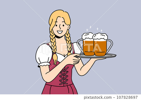 Woman waiter with beer on tray smiles, inviting to visit bavarian festival to try alcoholic drinks Woman waiter with beer on tray smiles, inviting to visit bavarian festival to try alcoholic drinks 107828697