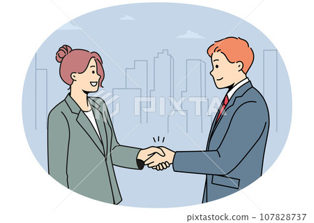 Smiling businesspeople handshake closing deal 107828737