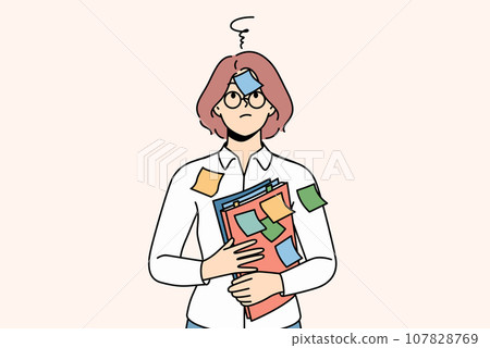 Confused woman student with stickers on face and shirt needs ability to do task management 107828769