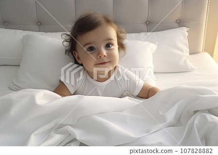 Overhead view of baby sitting on bed. The concept of childhood. Overhead view of baby sitting on bed. The concept of childhood. 107828882