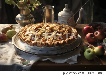 Homemade apple pie on wooden background. Thanksgiving family dinner. Homemade apple pie on wooden background. Thanksgiving family dinner. 107828883