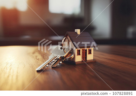 Moving to new house, selling, housing service. House model and keys. 107828891