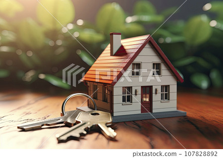 House keys with house shaped keychain. Selling, housing service 107828892