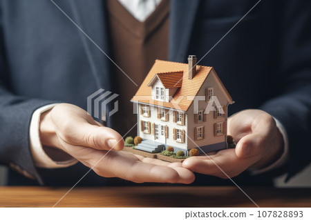 Real estate agent with house model and keys. Construction, project 107828893