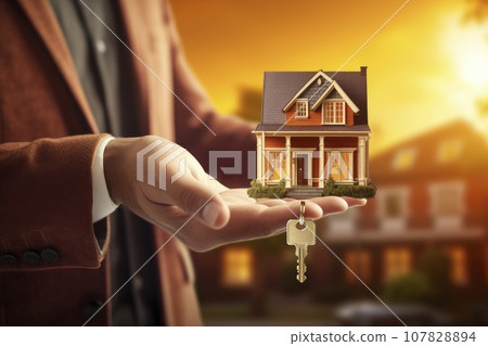 Real estate agent having a discussion with his client about purchasing house. 107828894