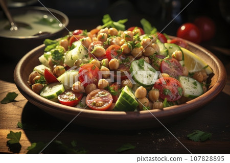 Fresh summer mediterranean salad with chickpea, tomatoes, cucumbers Fresh summer mediterranean salad with chickpea, tomatoes, cucumbers 107828895
