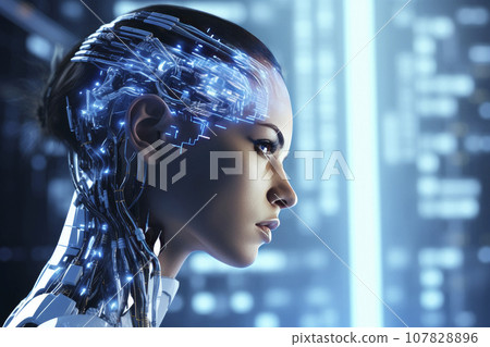 Female face with matrix digital numbers artifical intelligence. Female face with matrix digital numbers artifical intelligence. 107828896