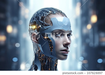 The concept of AI. 3D Illustration of a female android The concept of AI. 3D Illustration of a female android 107828897