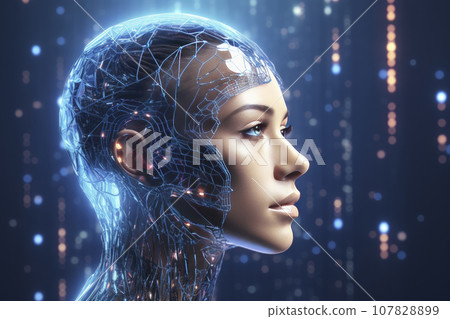 3D Illustration of a female android with a human face and robotic body. 3D Illustration of a female android with a human face and robotic body. 107828899