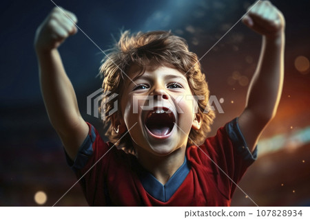 Soccer boy. Little goalkeeper is celebrating after successful football match. 107828934