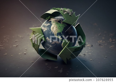 Global recycling. Earth model with a recycle symbol. Generative AI. 107828955