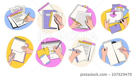 Hands making notes collection. Doodle writing and drawing symbols, finger sketch and writing symbols on notebook page flat style. Vector isolated set 107829470